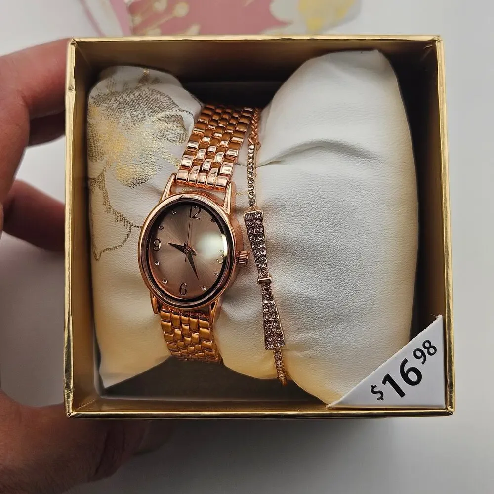 Rose Gold Tone Watch & Bracelet Gift Set Minimalist Classy Contemporary Elevated